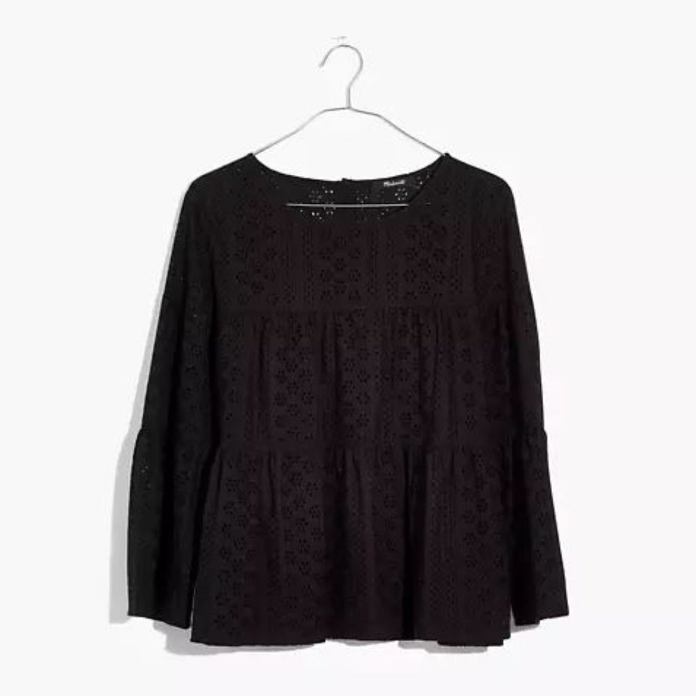 MADEWELL Black Eyelet Tiered Button-Back Top sz XS - Picture 3 of 15